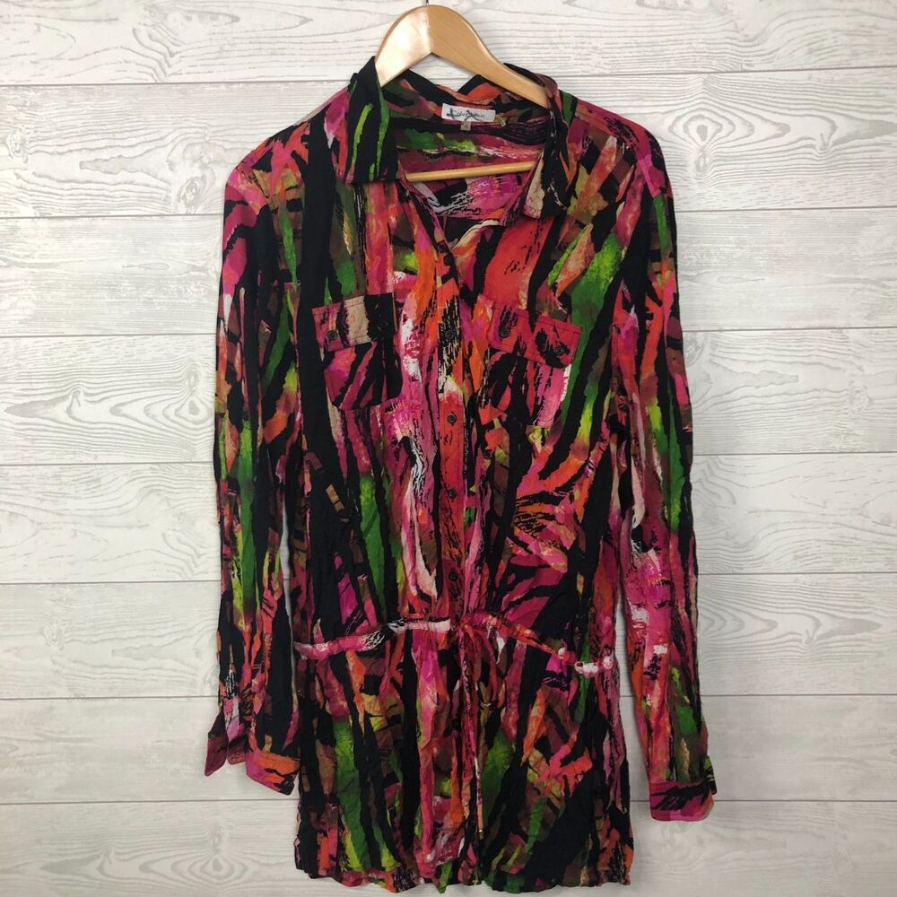 Calvin Klein Womens XL Printed Long Sleeve Tunic Shirt Tie Waist Collared Blouse